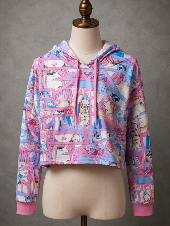 No Brand Tops - Anime Manga Graphic Cropped Hoodie Large Pink Blue Kawaii Y2K Harajuku Streetwea